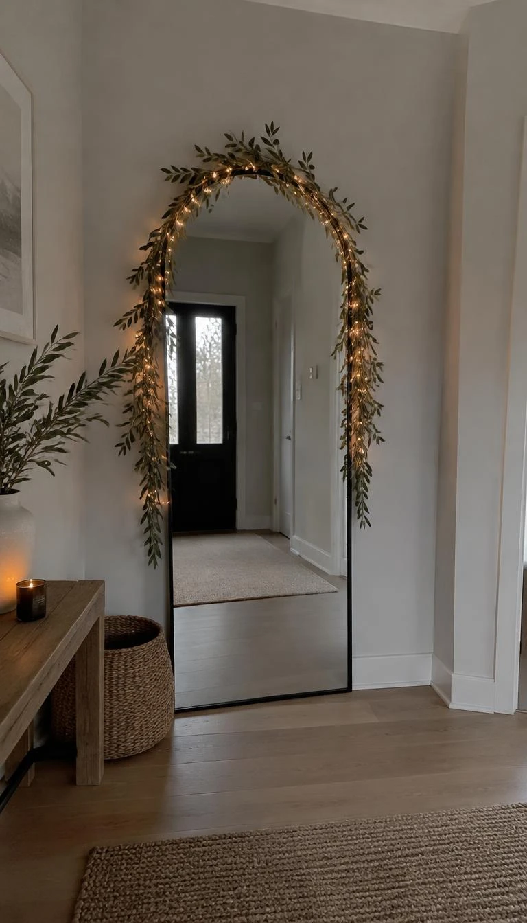 Weave Micro Fairy Lights Behind Fresh Olive Branches A candid, realistic iPhone photograph of a modern entryway, showing a minimalist arched floor mirror framed with fresh olive branches and delicate warm copper wire micro fairy lights glowing faintly against the pale grey painted wall.