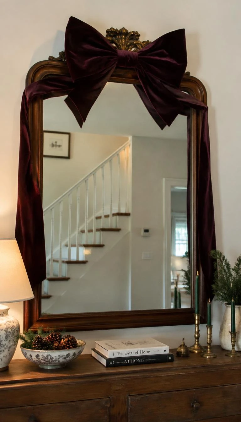 Hang an Embroidered Velvet Ribbon Ribbon Bow A candid, realistic iPhone photograph of an entryway, showing a vintage wooden mirror with a single oversized plum colored velvet bow attached at the top center, long ribbon tails draping down both sides of the frame.