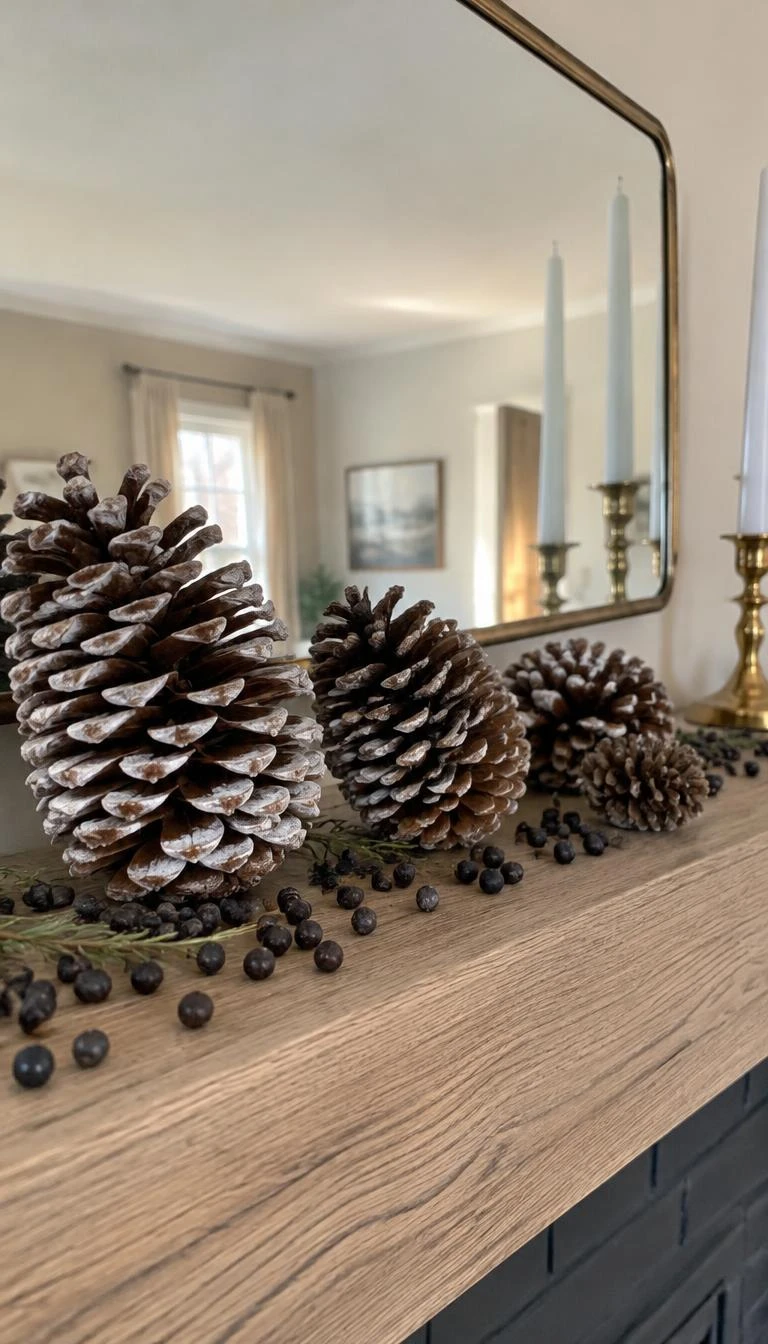 Rest Frosted Sugar Pinecones Along the Mantel Base A candid, realistic iPhone photograph of a fireplace mantel, featuring several giant sugar pinecones dusted with white chalk resting in front of a wide horizontal mirror, accompanied by scattered dried juniper berries on unvarnished oak.