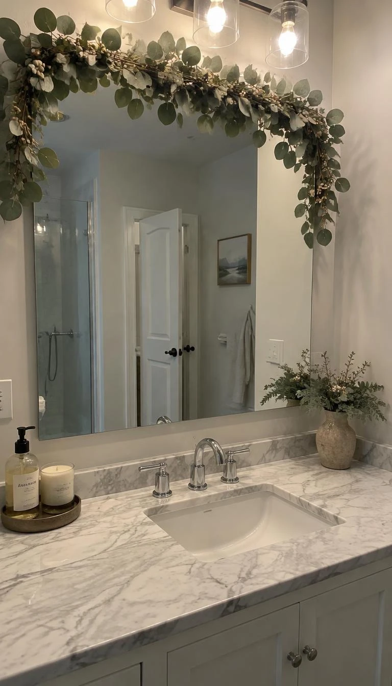 Layer Dried Eucalyptus With Seeded Pods A candid, realistic iPhone photograph of a neutral bathroom, showing a frameless bathroom mirror topped with dusty green silver dollar eucalyptus and round seeded pods, illuminated by soft vanity light, clean marble countertops below.