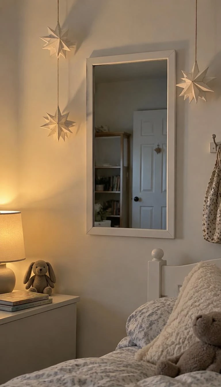 Frame the Glass With Pale Paper Star Lanterns A candid, realistic iPhone photograph of a child bedroom, showing a simple white painted wall mirror surrounded by three small folded white paper Moravian stars hanging from cream cord, soft evening light coming from a nearby bedside lamp.