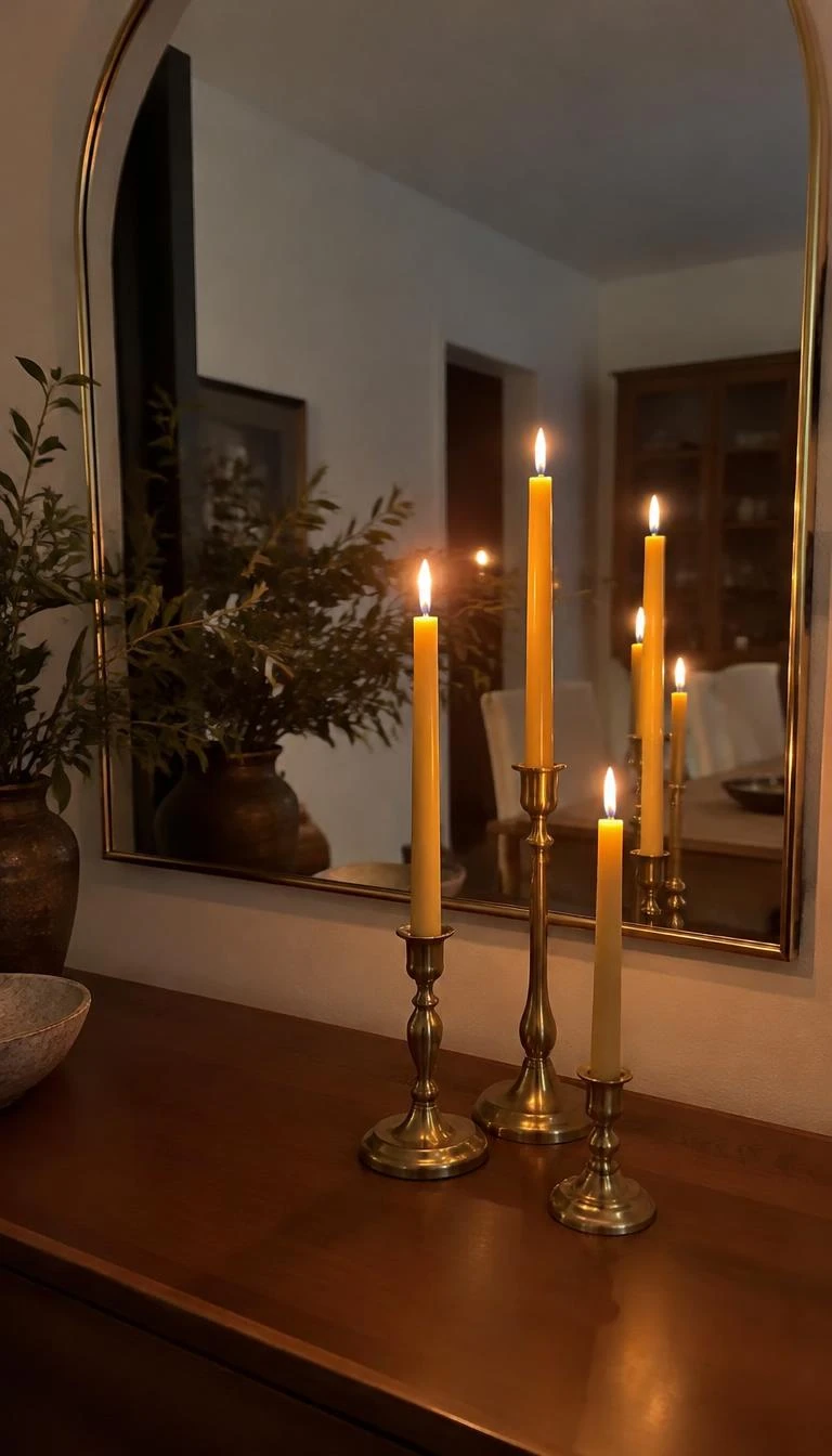 Arrange Three Beeswax Tapers on the Console Below A candid, realistic iPhone photograph of a dining room console, featuring three solid brass candlesticks of staggered heights holding slender yellow beeswax tapers placed closely before a large arched mirror, soft flickering amber flames doubling in the reflection.