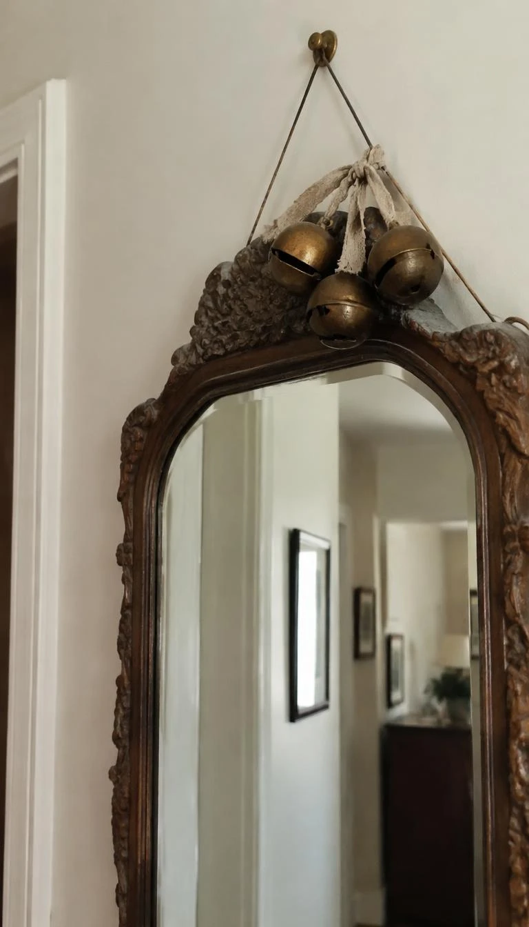 Tie Brass Sleigh Bells to the Frame Hanger A candid, realistic iPhone photograph of a hallway wall, showing an antique carved wood mirror hung from an exposed brass picture wire with three weathered brass sleigh bells tied with frayed linen ribbon resting above the top edge.