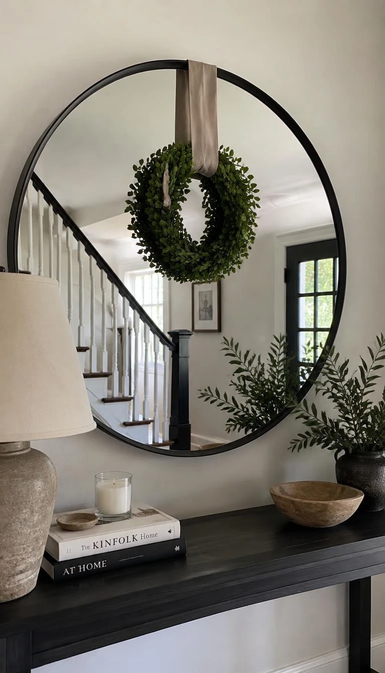 Suspend a Small Boxwood Wreath With Silk Ribbon A candid, realistic iPhone photograph of an entryway, featuring a round black metal mirror with an eight inch preserved boxwood wreath suspended in the center by a wide taupe raw silk ribbon attached to the back of the frame, soft natural light.