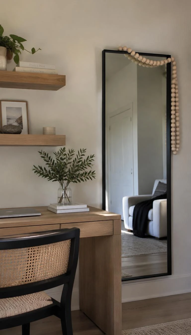 Hang Raw Wood Bead Garlands Over the Top A candid, realistic iPhone photograph of an office nook, showing a minimalist black rectangular mirror with a strand of raw pale birch wood beads draped casually across the top right corner, soft daylight on light wood furniture.