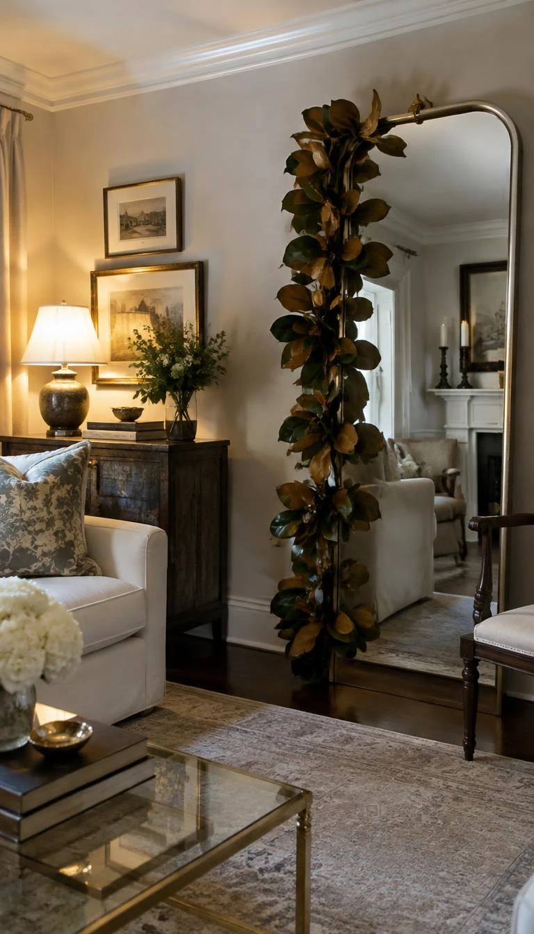 Border the Frame With Preserved Magnolia Leaves A candid, realistic iPhone photograph of a formal living room, showing a tall standing mirror bordered down one side with glossy green magnolia leaves showing their velvety copper brown undersides, soft ambient lamplight.