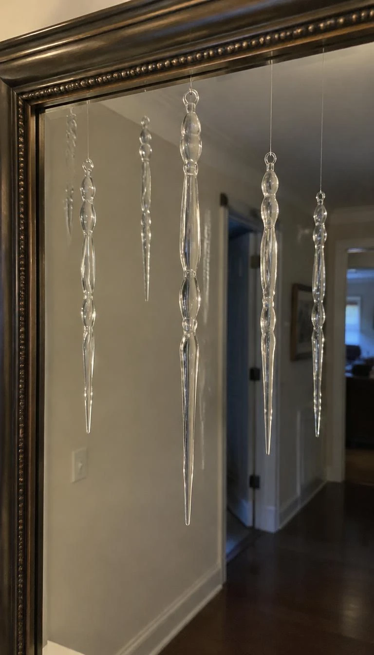 Dangle Glass Icicle Ornaments at Varied Lengths A candid, realistic iPhone photograph of a hallway mirror, showing five slender hand blown clear glass icicle ornaments suspended from top molding with invisible monofilament thread at differing heights, sparkling softly against the mirror background.