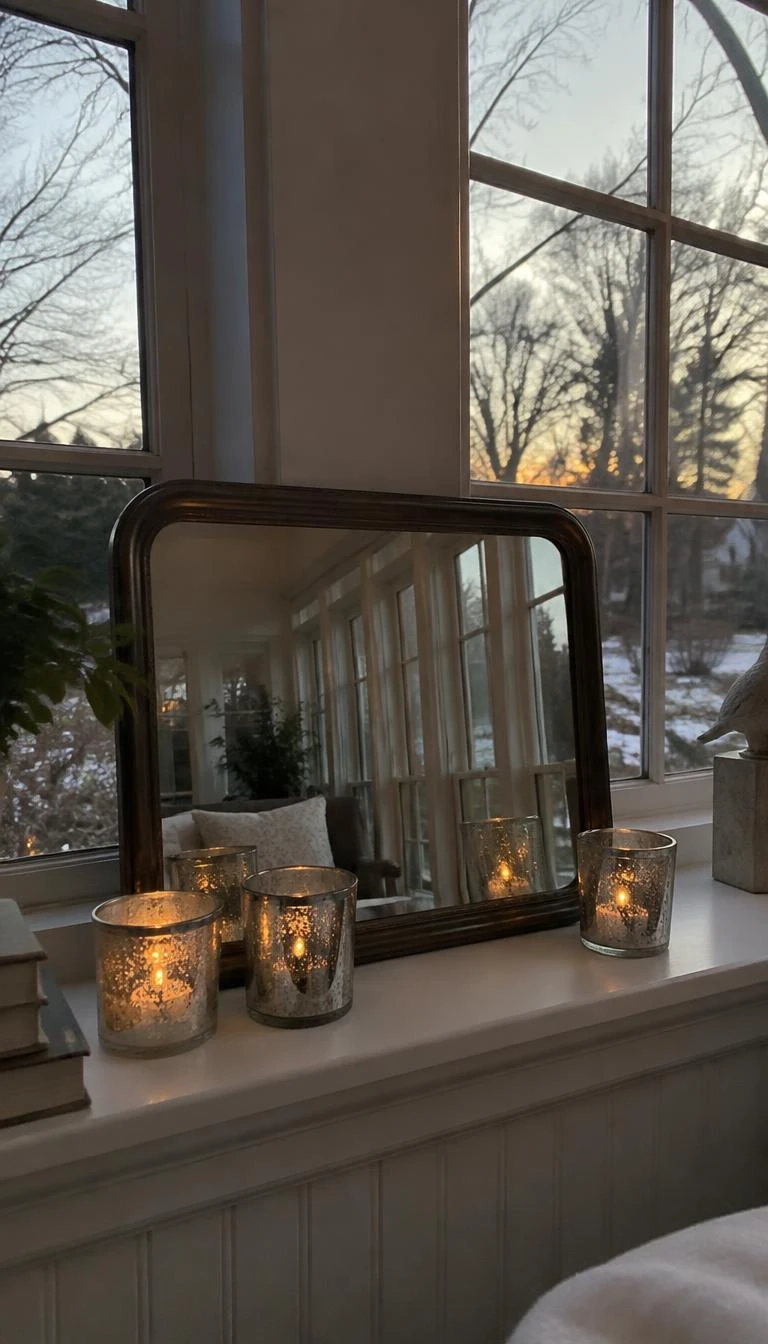 Rest Vintage Mercury Glass Votives on the Sill A candid, realistic iPhone photograph of a sunroom, showing a low mirror sitting on a wide windowsill with four silvered mercury glass votives holding tea lights, catching soft late afternoon winter dusk light.