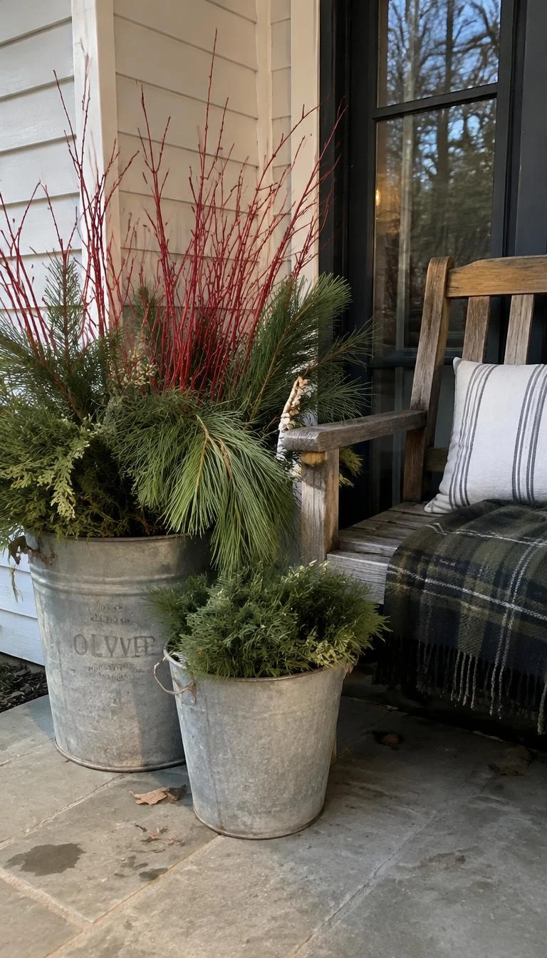 A candid, realistic iPhone photograph of a back patio corner, featuring vintage galvanized metal olive buckets filled with loose cut pine boughs and red dogwood branches beside a wooden bench.