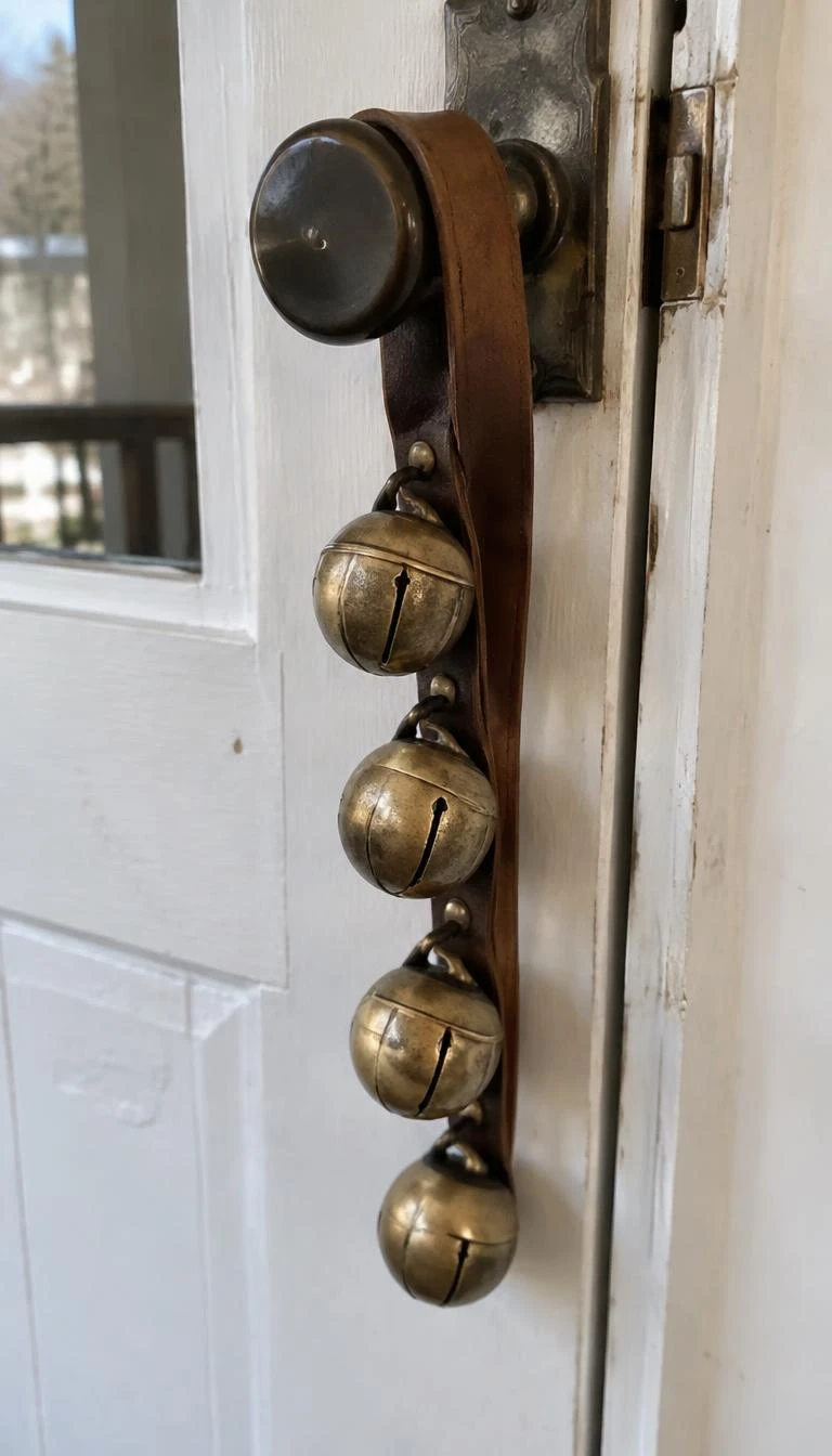 A candid, realistic iPhone photograph of a front door handle, showing four heavy antique brass jingle bells attached to a thick brown bridle leather strap hanging beside a vintage door latch.