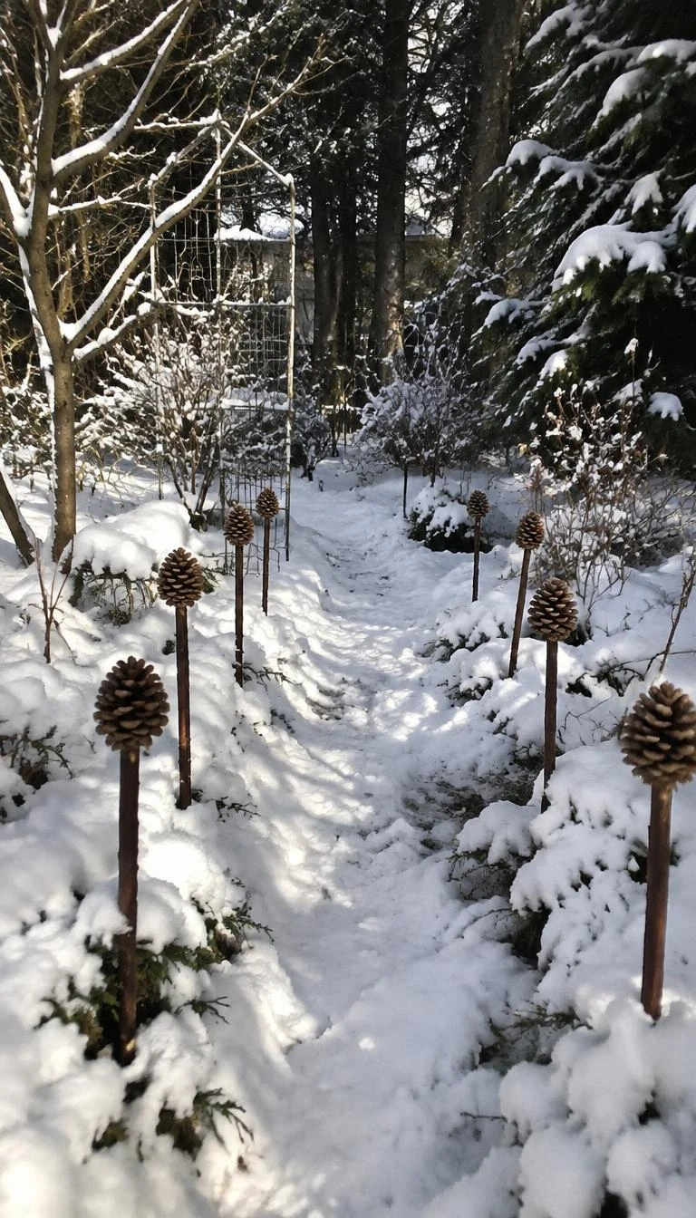 A candid, realistic iPhone photograph of a snow lined garden path, edged with natural large sugar pinecones fixed atop wooden garden stakes pushed firmly into the ground.