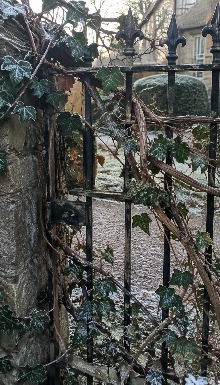 A candid, realistic iPhone photograph of an antique black wrought iron gate, woven loosely with thick wild grapevine stems and dark green ivy leaves dusted with light morning frost.