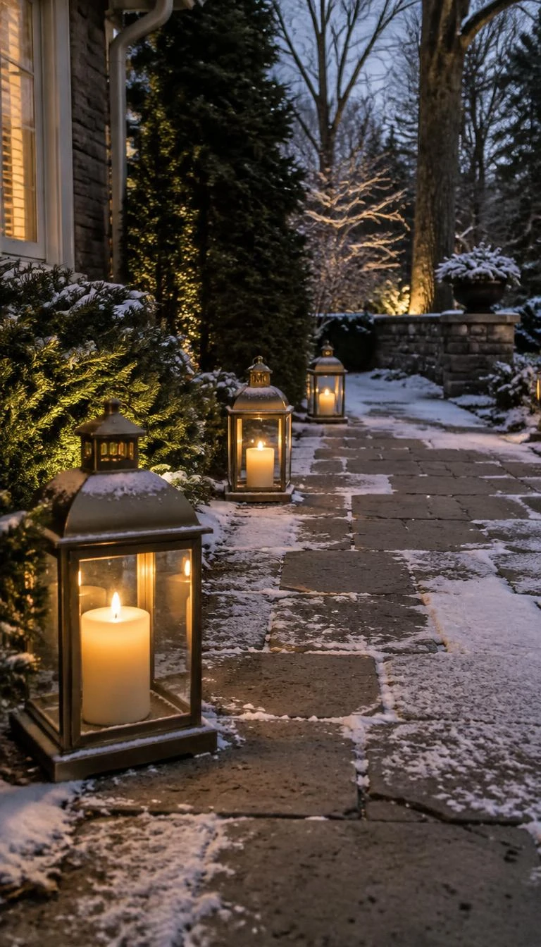 A candid, realistic iPhone photograph of a garden pathway, showing solid brass lanterns with glass panes set directly on stone pavers at dusk, glowing with real warm pillar candles in light snow.