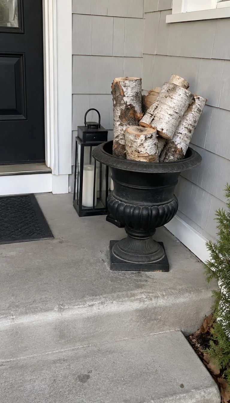 A candid, realistic iPhone photograph of concrete entrance steps, showing a black matte cast iron urn stacked neatly with split birch firewood logs beside the front door.