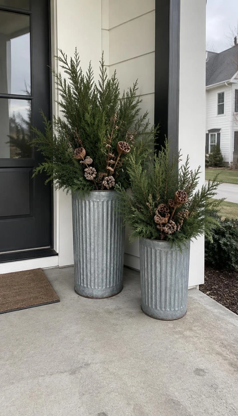 A candid, realistic iPhone photograph of a concrete front porch, showing two fluted zinc planters clustered together, filled with upright clipped cypress branches and natural seed pods under overcast skies.