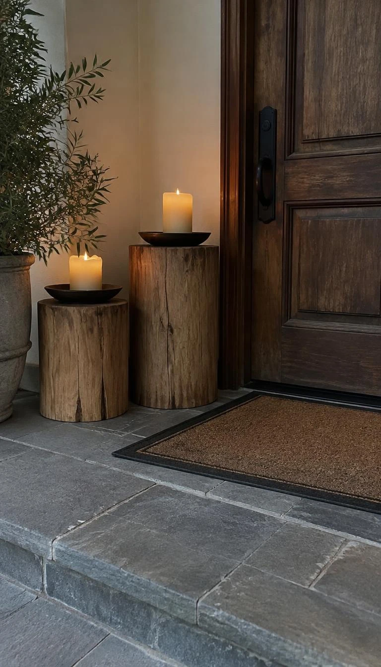 A candid, realistic iPhone photograph of a broad front stoop, featuring two raw wood teak log stools topped with iron dishes holding thick burning wax candles beside a weathered wood front door.