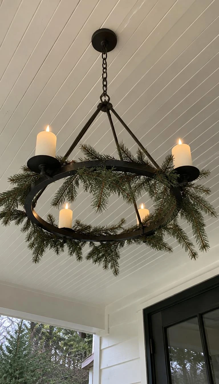 A candid, realistic iPhone photograph looking up at a covered front porch ceiling, showing a circular black iron hoop chandelier woven with bare pine sprigs and holding four thick wax candles.