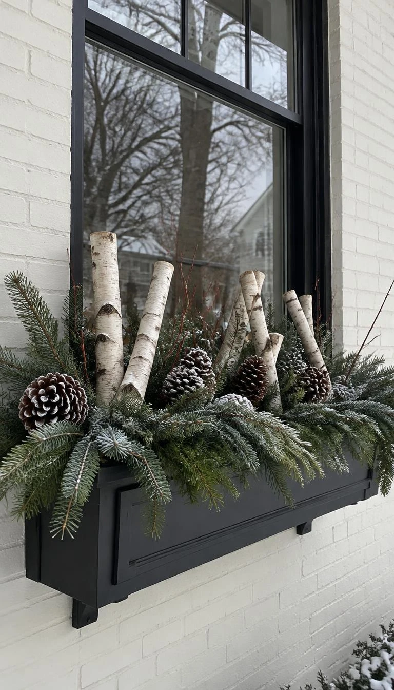 A candid, realistic iPhone photograph of an exterior window box, filled with white birch branch poles, noble fir sprigs, and frosted pinecones beneath a dark framed double hung window in winter.
