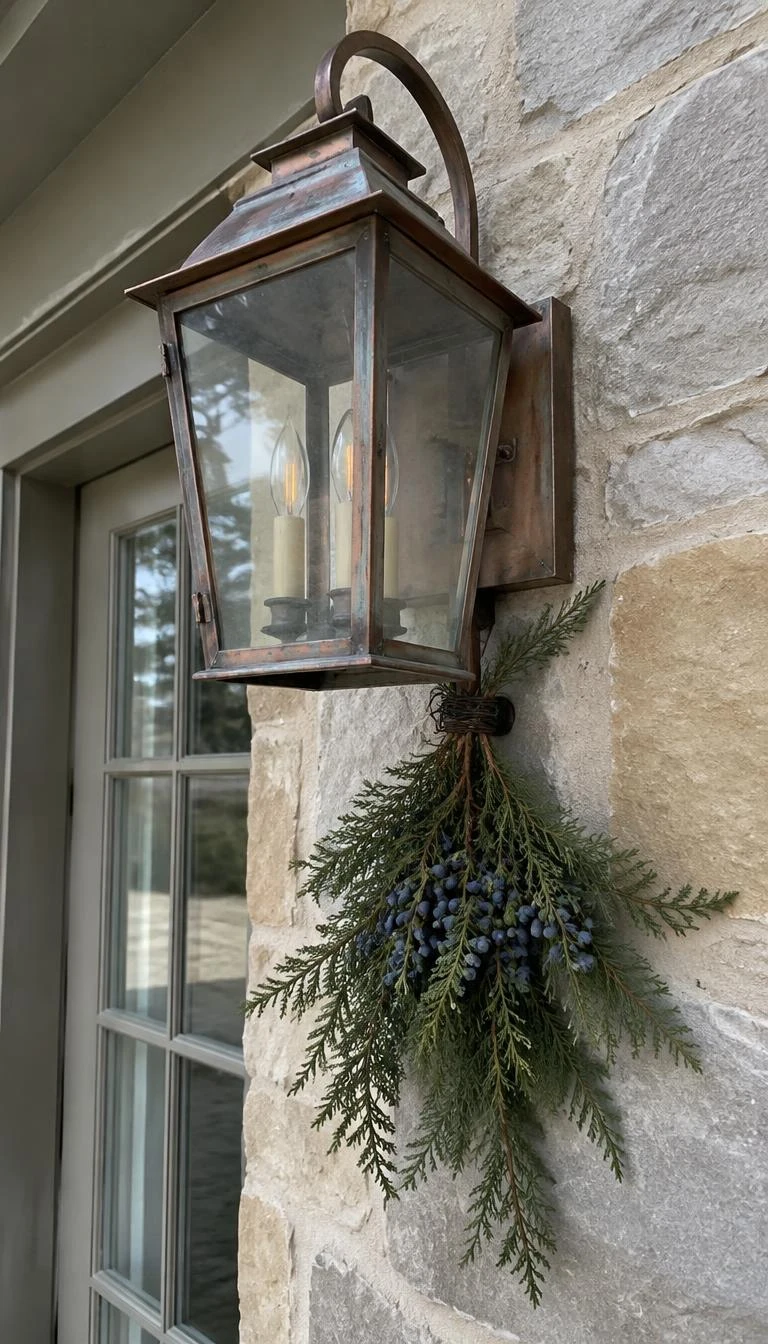 A candid, realistic iPhone photograph of an exterior copper lantern sconce on a stone wall, accented with a small bunch of blue berry juniper branches tied neatly to the base with dark waxed cord.