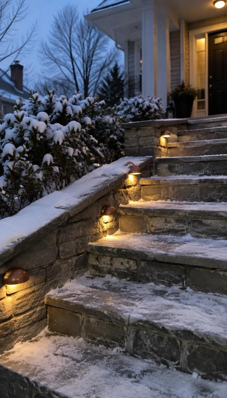 A candid, realistic iPhone photograph of stone porch stairs, showing small copper dome path lights glowing softly with warm light on each step edge during a snowy winter dusk.