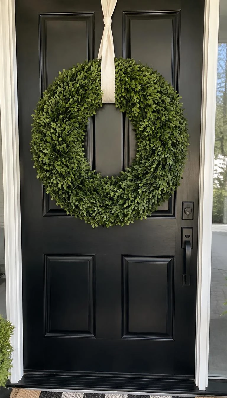 A candid, realistic iPhone photograph of a black front door, displaying a large thirty-inch dense green boxwood wreath hung by a long, textured cream cotton ribbon tied in a simple flat knot.
