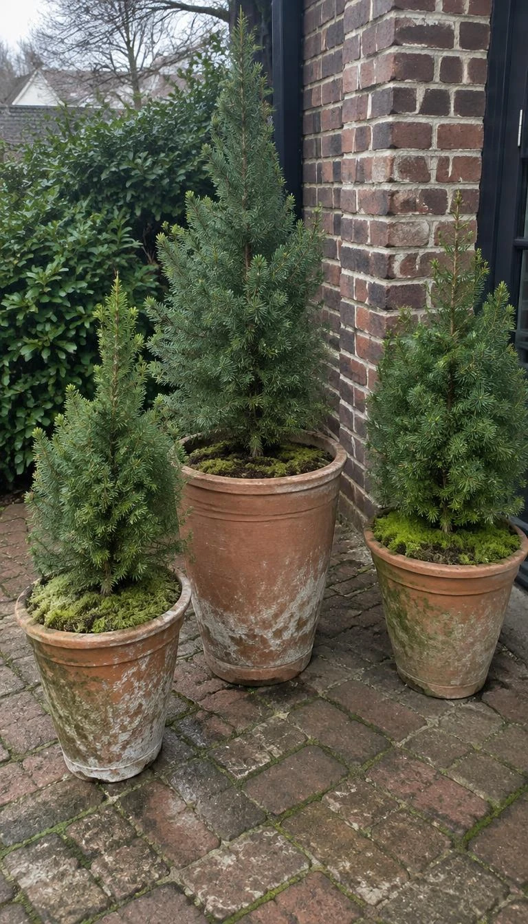 A candid, realistic iPhone photograph of a brick patio, featuring three weathered terracotta pots of varying heights planted with small Alberta spruce trees, moss covering the soil, under gentle overcast afternoon light.