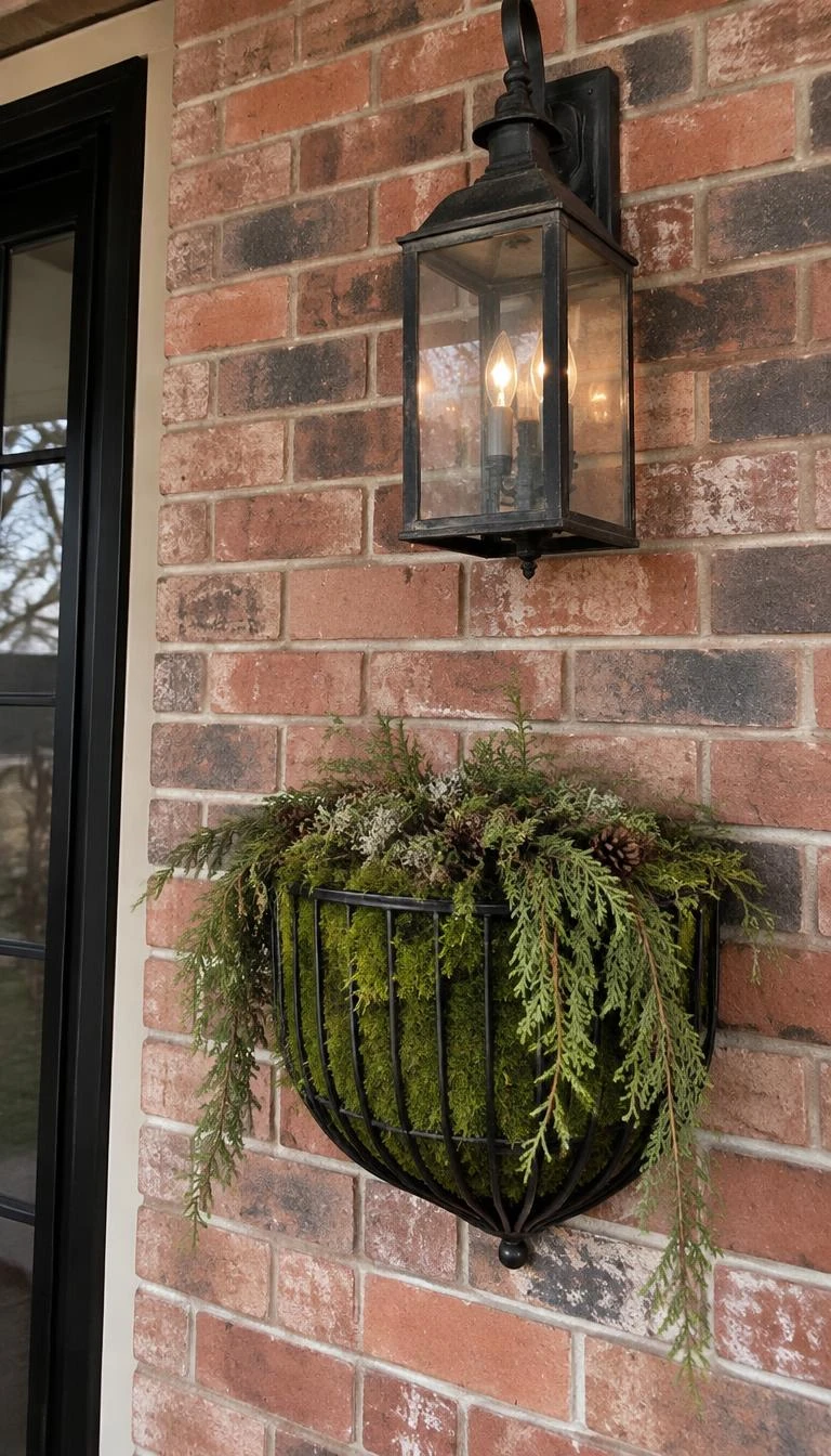 A candid, realistic iPhone photograph of a brick exterior wall, featuring a black wrought iron hayrack planter filled with green forest moss, trailing cedar sprigs, and small pinecones below an outdoor sconce.