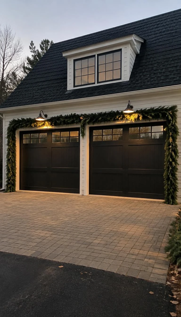 A candid, realistic iPhone photograph of a two car carriage house garage, framed by a tailored flat cedar bough border secured closely against the exterior wood trim beneath warm gooseneck lights.