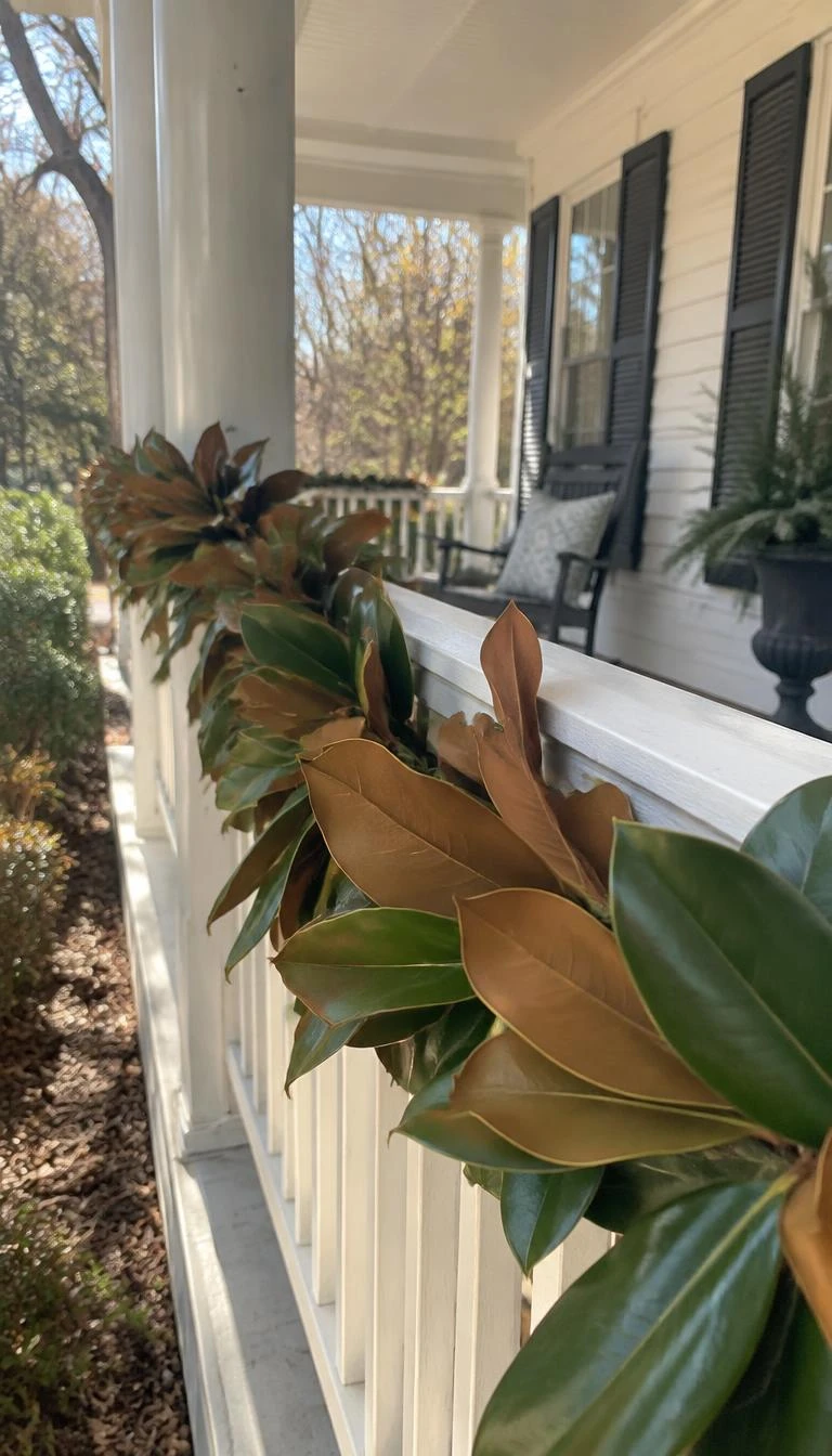A candid, realistic iPhone photograph of a wide front porch railing, wrapped with a glossy Southern magnolia leaf garland showing both dark green surfaces and velvety brown undersides in bright afternoon winter light.