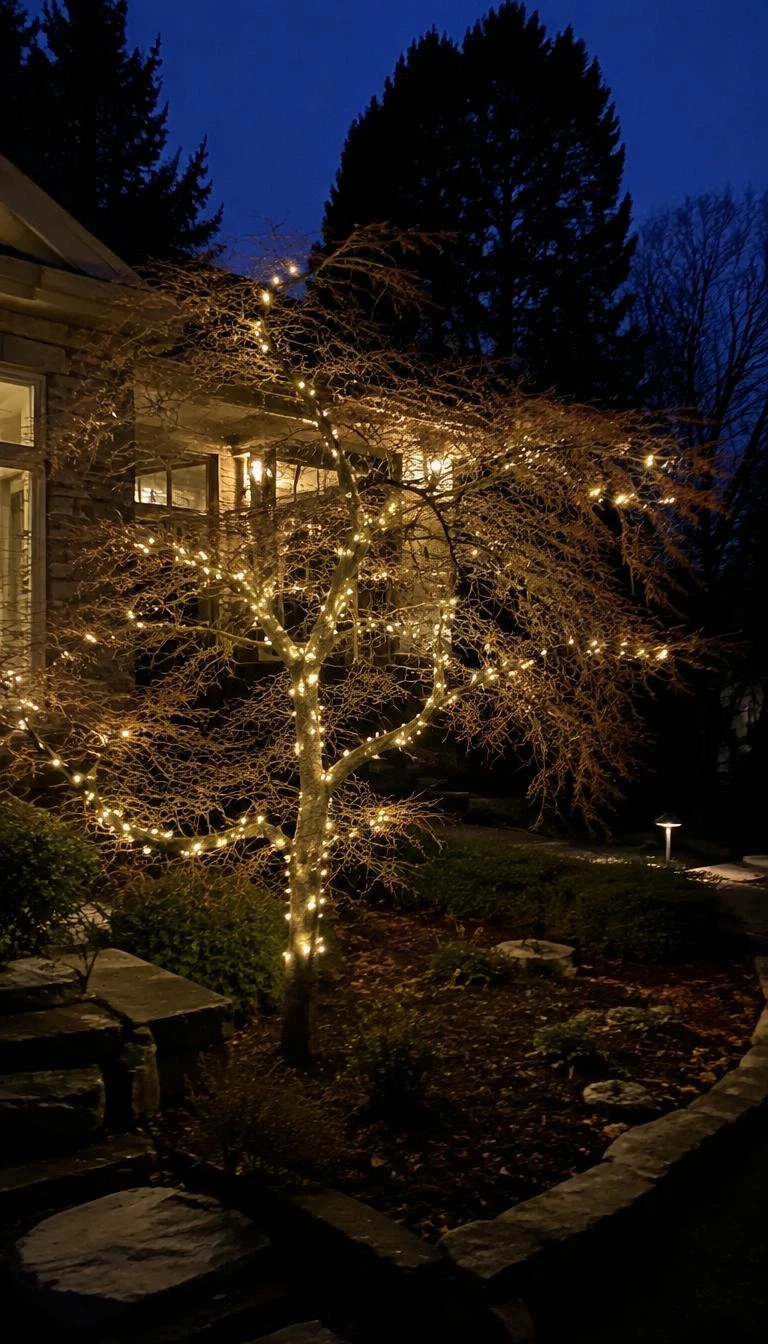A candid, realistic iPhone photograph of a front yard garden, showing the delicate bare branches of a Japanese maple tree wrapped carefully in micro warm white fairy lights against a navy evening sky.