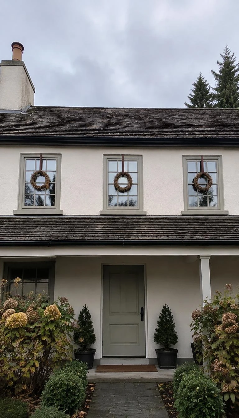 A candid, realistic iPhone photograph of a two story cottage exterior, showing three upper windows each hung with a simple unadorned brown willow branch wreath suspended by thin dark ribbon.