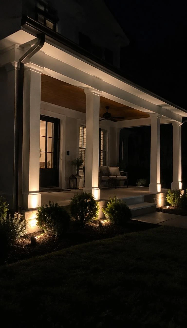 A candid, realistic iPhone photograph of a home exterior at night, showing low voltage warm spotlights placed in the mulch bed shining upward along white painted square porch columns.