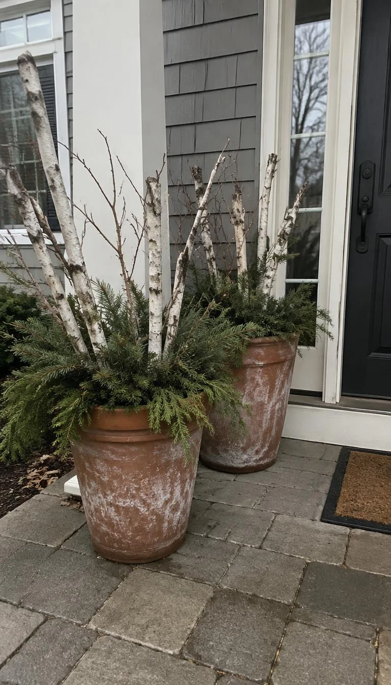 A candid, realistic iPhone photograph of a front porch, showing two weathered terracotta pots filled with white birch branches and dark green spruce clippings, standing on gray stone pavers during an overcast morning