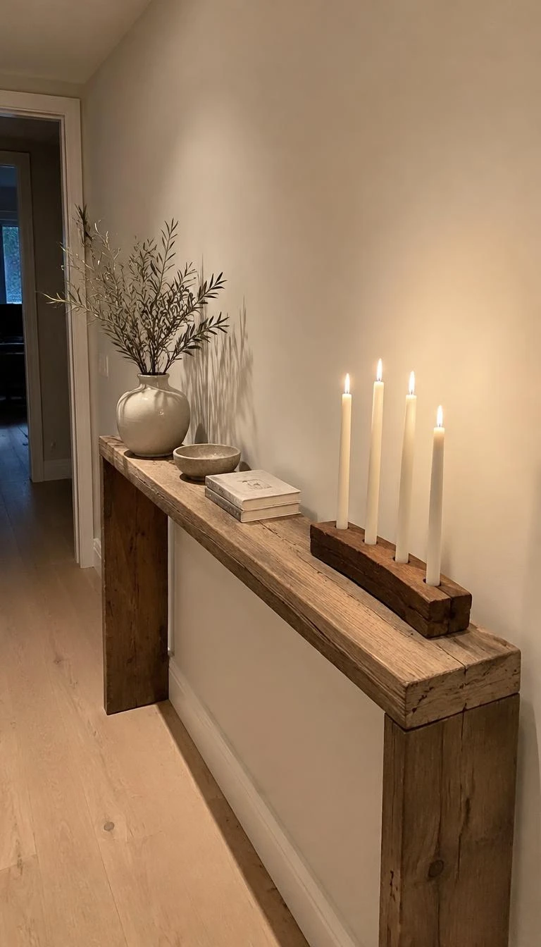 A candid, realistic iPhone photograph of a long hallway console, showing a narrow reclaimed wood board drilled with holes holding four white taper candles, minimalist wall behind.