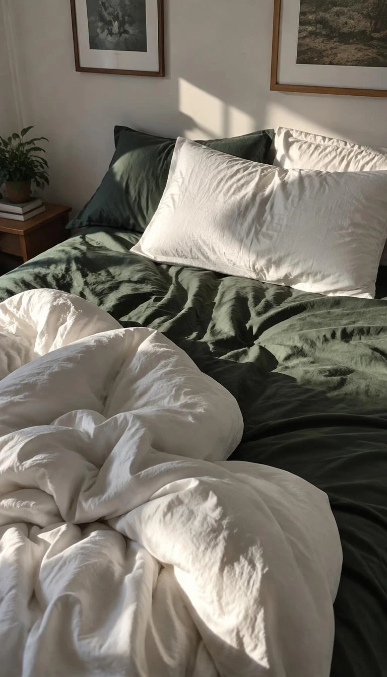 A candid, realistic iPhone photograph of an unmade bed, featuring washed dark green cotton flannel sheets, a rumpled white duvet, and soft morning sunlight across the pillows.
