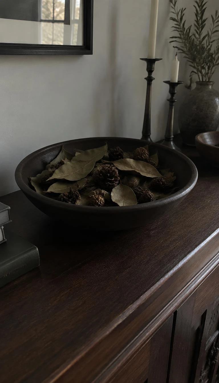 A candid, realistic iPhone photograph of a dining room sideboard, showing a wide shallow dark clay dish filled with whole dried bay leaves and miniature pine cones, moody daylight.