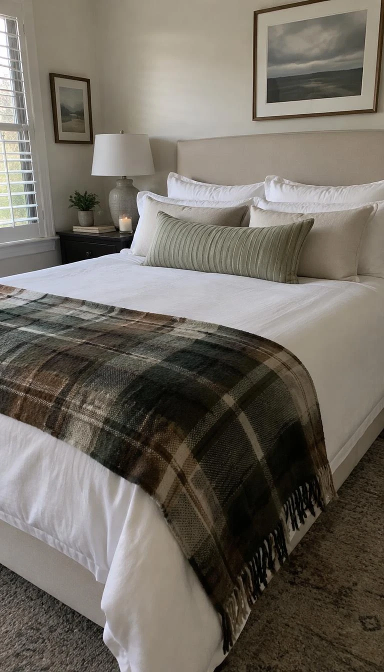 A candid, realistic iPhone photograph of a guest bedroom, showing a wool throw blanket in muted brown and forest green plaid draped neatly across the bottom of a white made bed.