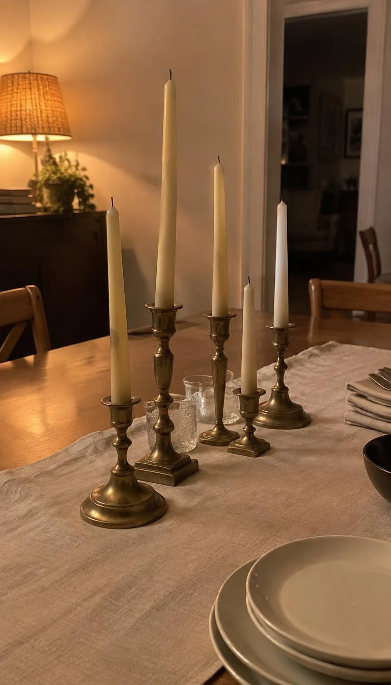 A candid, realistic iPhone photograph of a dining room table, featuring five unlacquered brass candlesticks of staggered heights with pale beeswax tapers, a simple linen runner, warm evening lamplight in the background.