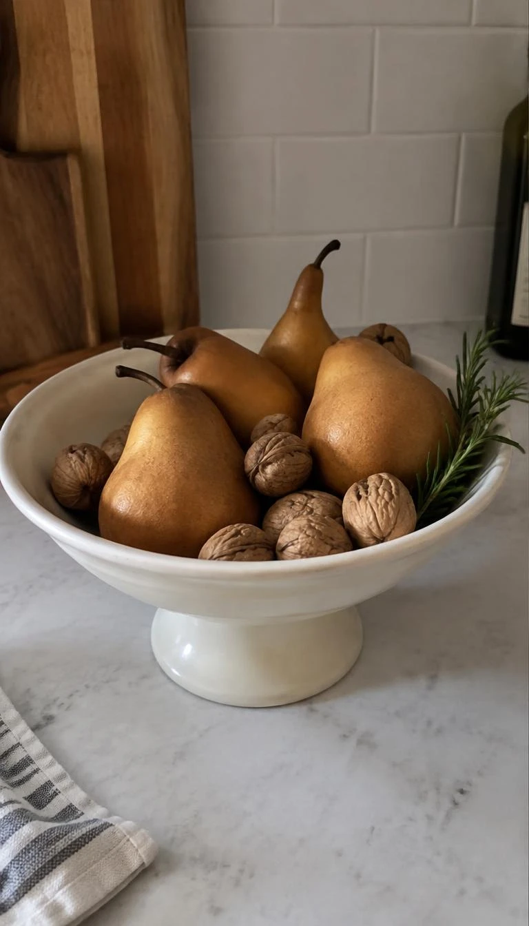 A candid, realistic iPhone photograph of a kitchen counter, showing a matte cream footed ceramic bowl filled with brown bosc pears and whole walnuts in the shell, a sprig of rosemary tucked on the side.