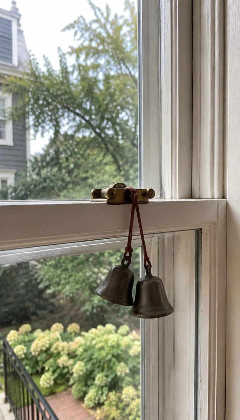 A candid, realistic iPhone photograph of a double-hung wooden window, showing two small matte pewter bells hanging from the central brass sash lock by thin leather cord.