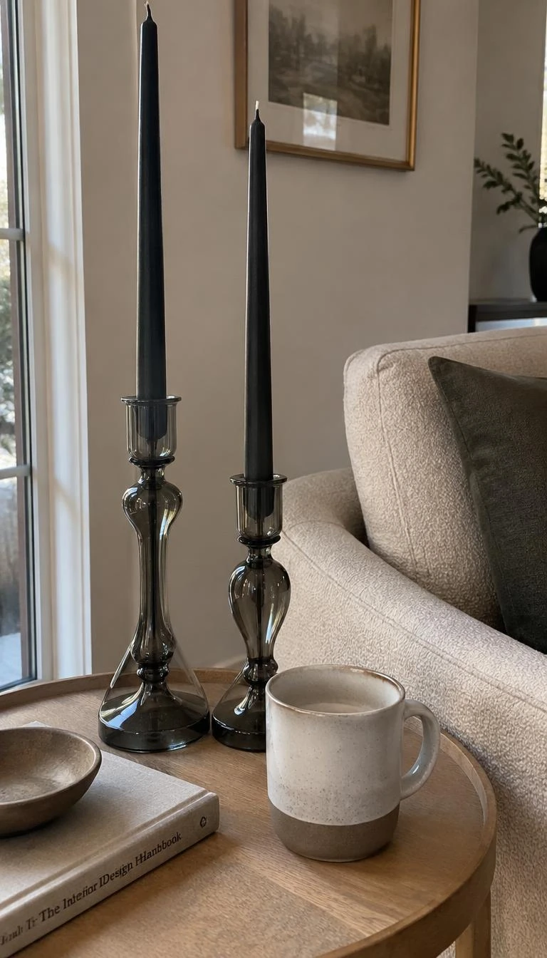 A candid, realistic iPhone photograph of a living room side table, showing two smoky gray glass candleholders with tall black tapers, sitting beside a ceramic mug.
