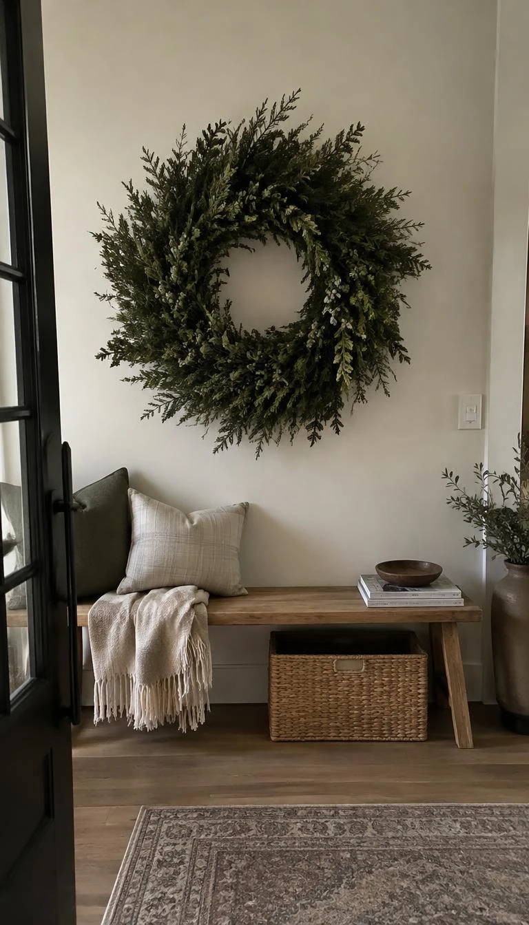 A candid, realistic iPhone photograph of a home entryway, showing a large thirty-inch wild juniper wreath hung on an interior wall above a wooden bench, natural gray berries visible.