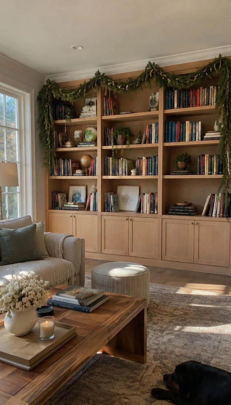 A candid, realistic iPhone photograph of a cozy living room, showing fresh cedar garland draped loosely over white oak bookshelves lined with hardcovers, soft afternoon daylight spilling across the floor, quiet and understated atmosphere.