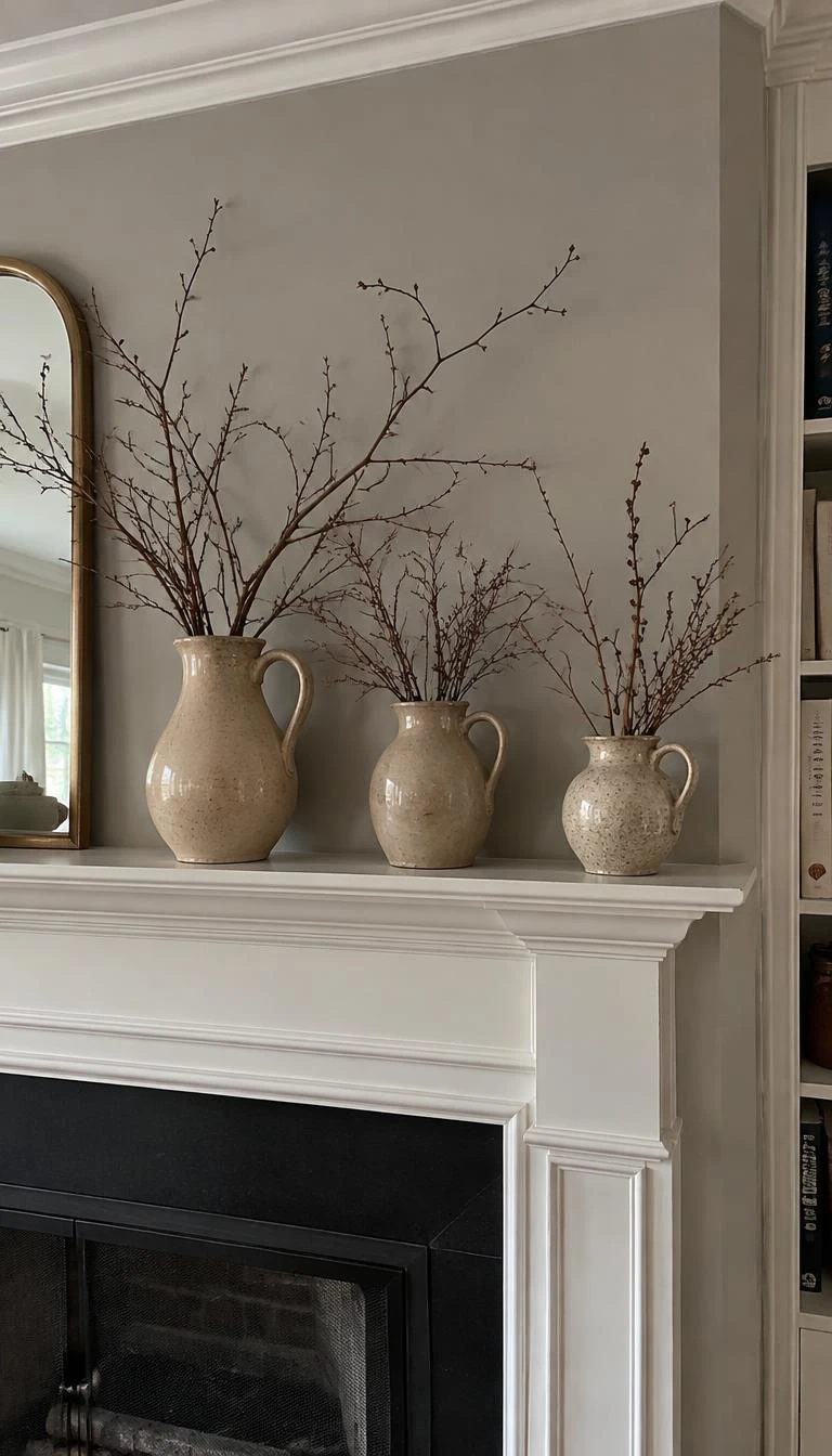 A candid, realistic iPhone photograph of a fireplace mantel, featuring three mismatched beige ceramic pitchers filled with bare winter twigs, soft gray painted wall, ambient daylight.