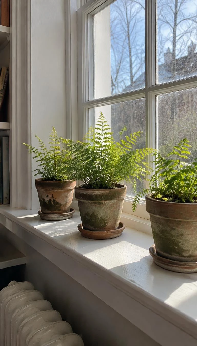 A candid, realistic iPhone photograph of a sunlit windowsill, showing three small autumn ferns planted in aged mossy clay pots, green frills catching soft winter light.