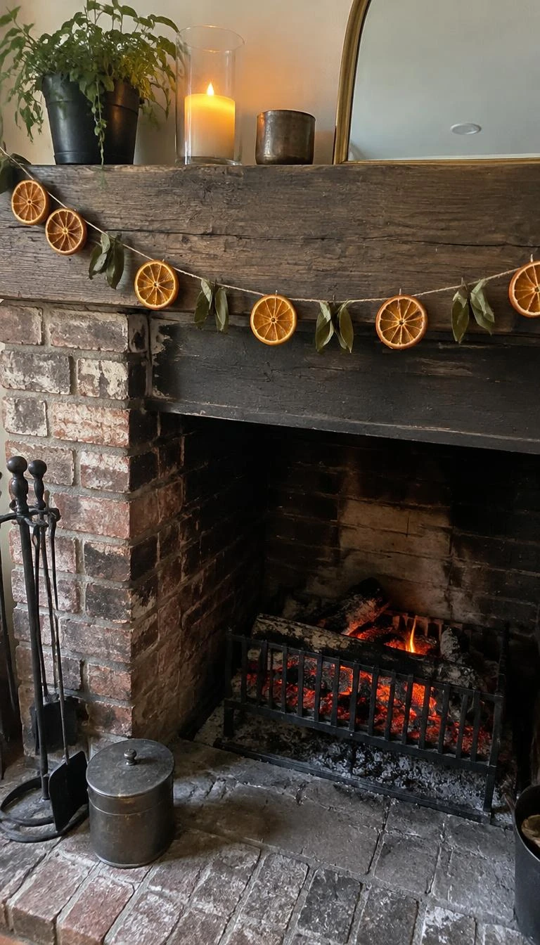 A candid, realistic iPhone photograph of a brick fireplace, showing a delicate garland of dried orange wheels and bay leaves strung along the mantle, warm coals glowing below.