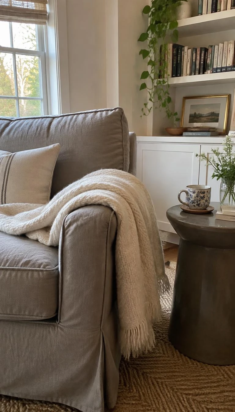 A candid, realistic iPhone photograph of a living room reading corner, showing a heavy cream wool blanket folded over the arm of a washed gray linen chair, a small side table holding tea nearby.