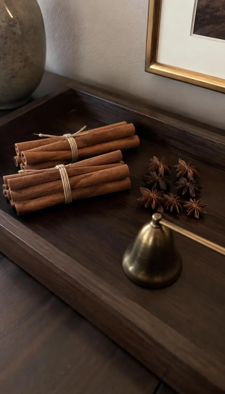 A candid, realistic iPhone photograph of a dark walnut console tray, containing bundles of cinnamon sticks tied with string and loose star anise pods resting beside a brass snuffer.