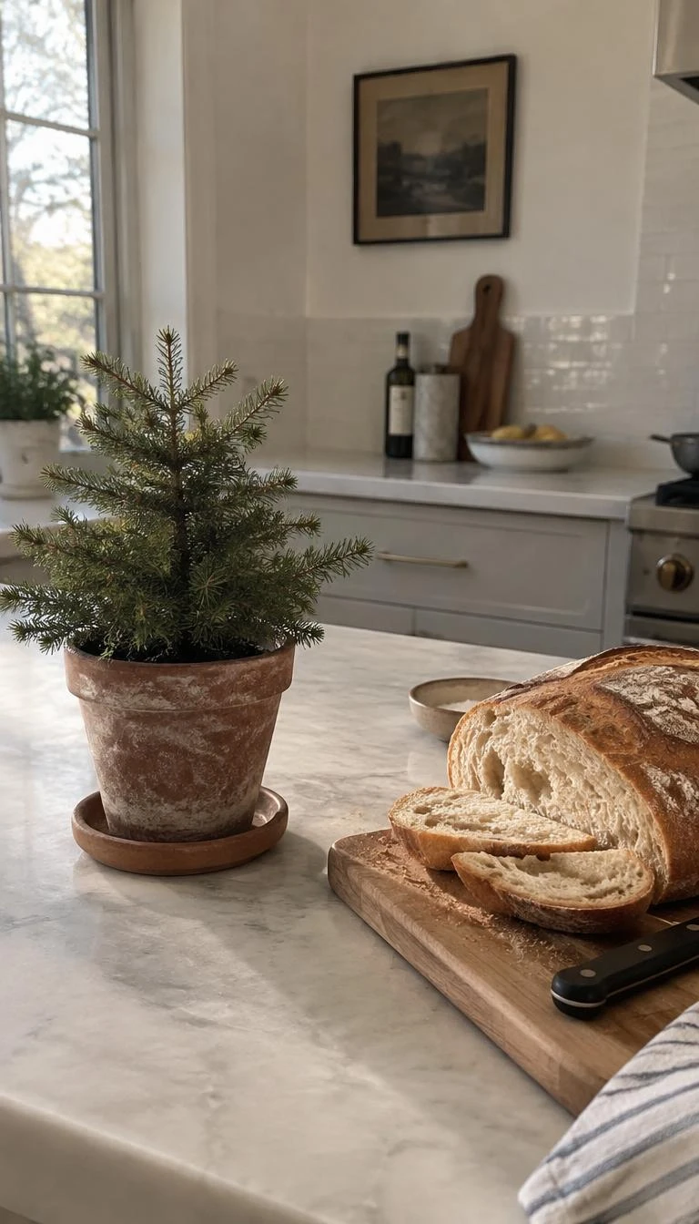 A candid, realistic iPhone photograph of a kitchen island, showing a six inch dwarf spruce in an aged terracotta pot, sitting next to a cutting board with sourdough bread, soft window light.