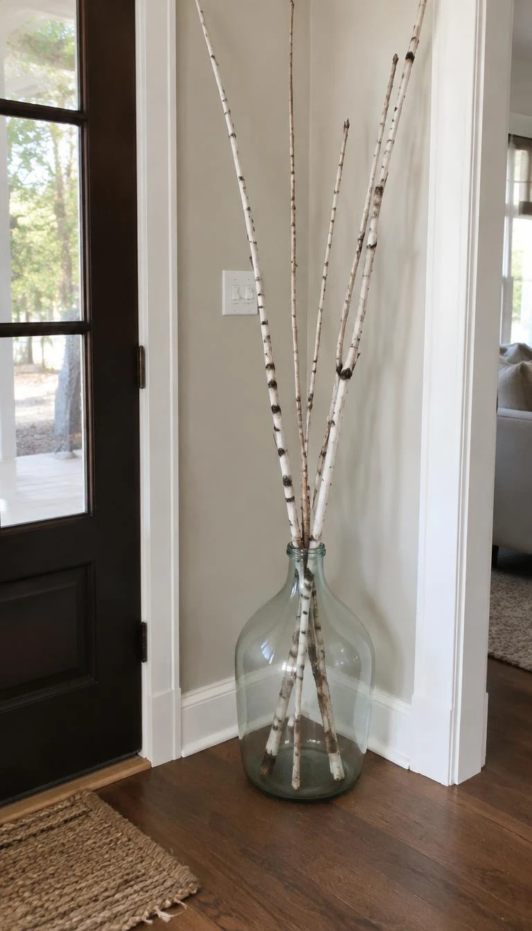A candid, realistic iPhone photograph of an entryway corner, showing tall white birch twigs arranged loosely inside a tall clear glass demijohn bottle on hardwood flooring.